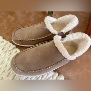 Orthofeet Lorin Suede and Faux Shearling House Slippers or Walking Shoes- Taupe